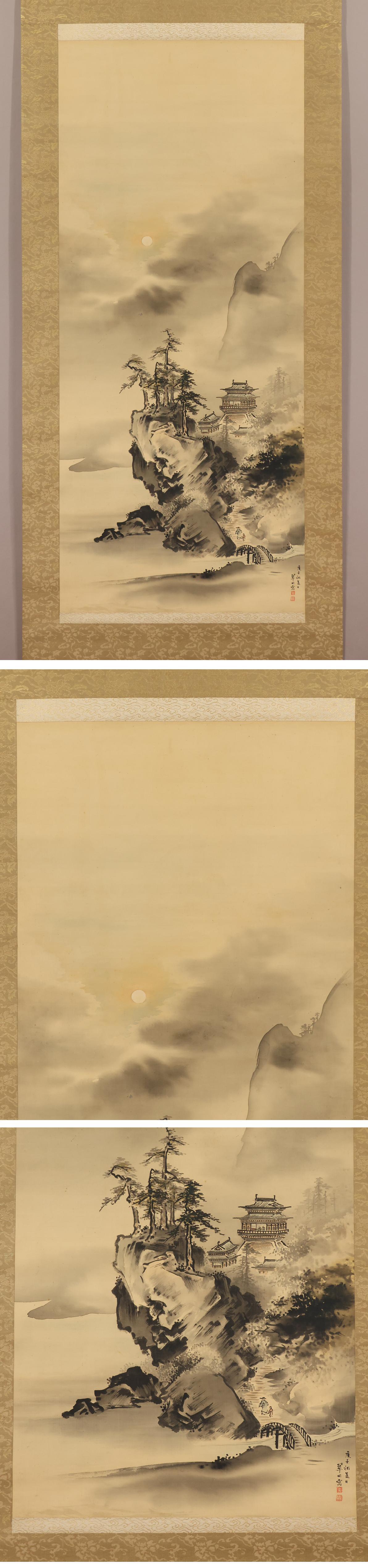 Japanisches Gemälde aus der Taisho-Periode mit Schnörkeln von Inaba Midorida Nihonga – Mondturm im Zustand „Gut“ im Angebot in Amsterdam, Noord Holland