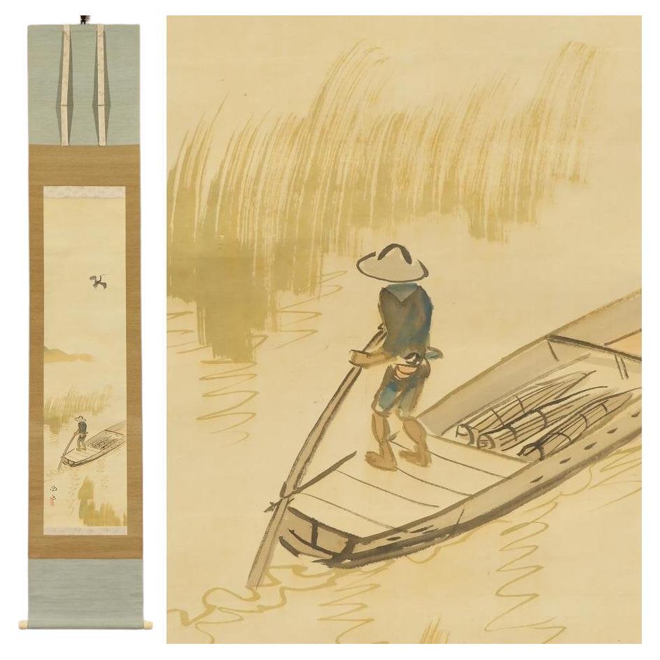 Japanese PAinting Taisho Period Scroll Reed Cutter Nihonga Eitatsu Koyama