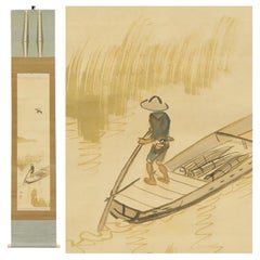 Japanese PAinting Taisho Period Scroll Reed Cutter Nihonga Eitatsu Koyama
