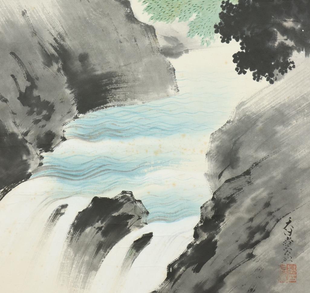 Early 20th Century Japanese PAinting Taisho Scroll Kodo Umemura Nihonga Waterfall For Sale