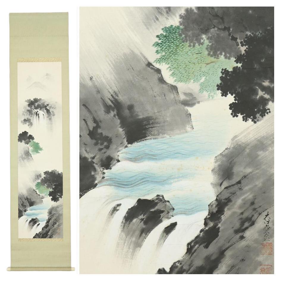 Japanese PAinting Taisho Schnörkel Kodo Umemura Nihonga Wasserfall mit Schnörkeln