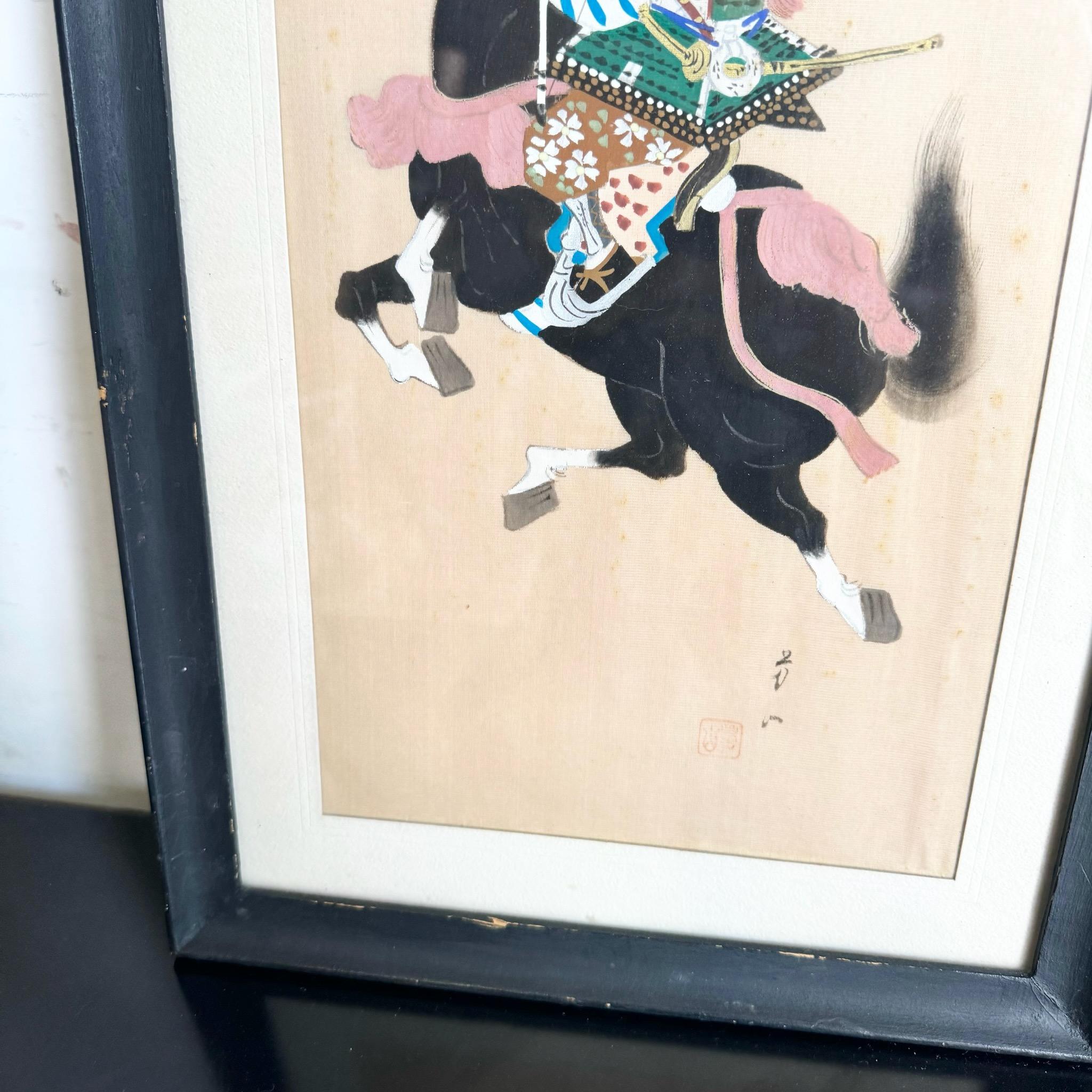 Japanese Paintings on Silk of Samurai‚Äôs on Horseback - a Pair In Good Condition For Sale In Delray Beach, FL
