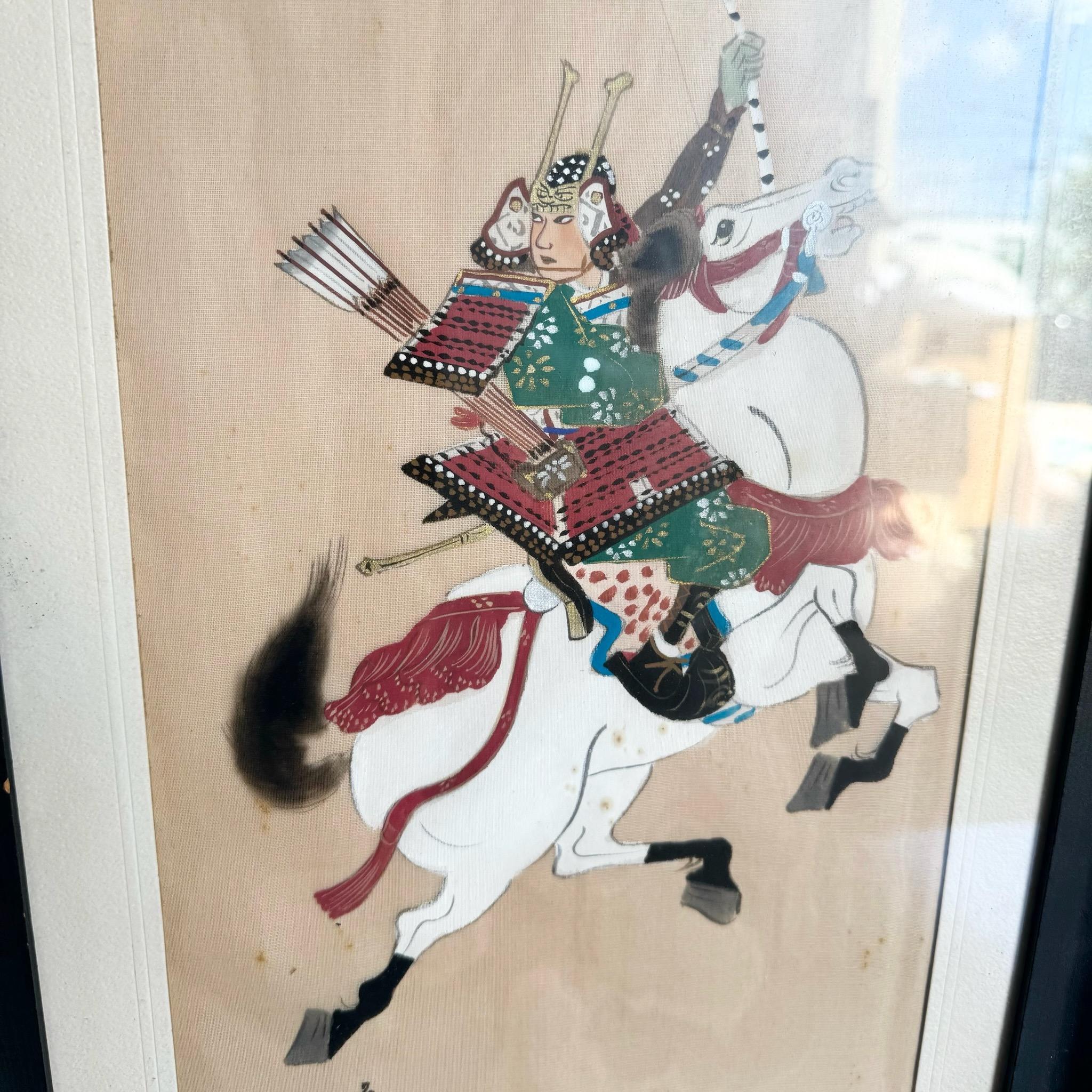 Japanese Paintings on Silk of Samurai‚Äôs on Horseback - a Pair For Sale 2