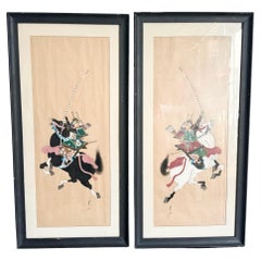 Pinturas japonesas sobre seda de samurais a caballo - Pareja