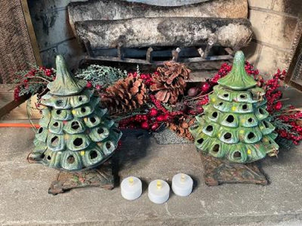 Iron Japanese Pair Antique Christmas Evergreen Tree Lanterns