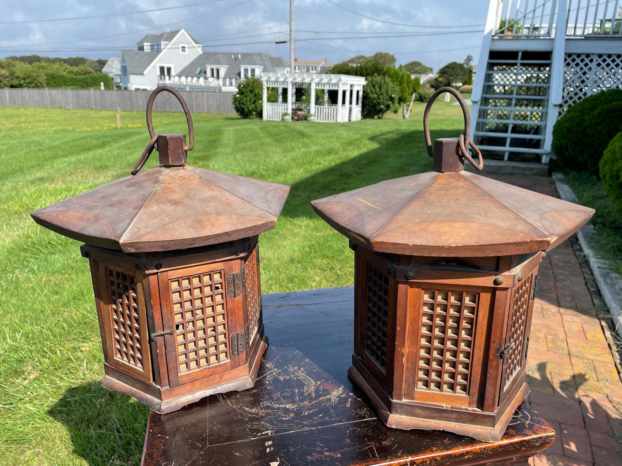 Taisho Japanese Pair Antique Classic Door Panel Garden Lanterns
