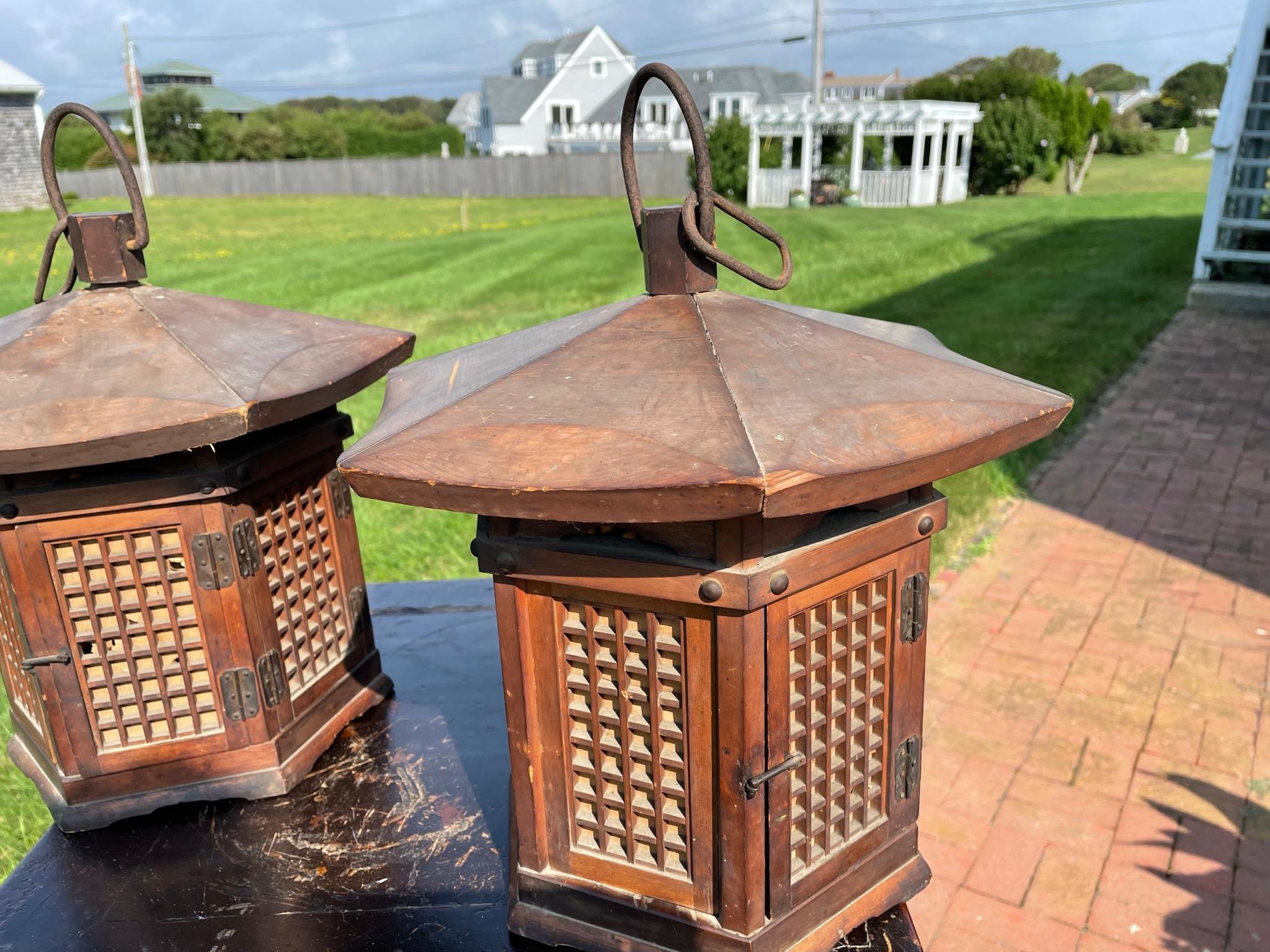 Hand-Crafted Japanese Pair Antique Classic Door Panel Garden Lanterns