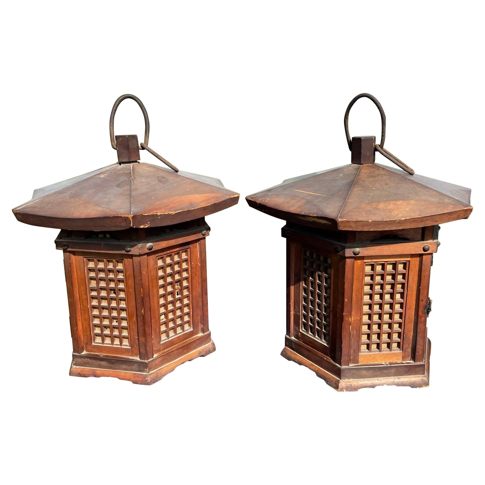 Japanese Pair Antique Classic Door Panel Garden Lanterns
