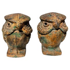 Japanese Pair Vintage Gilt Standing Owl Lanterns