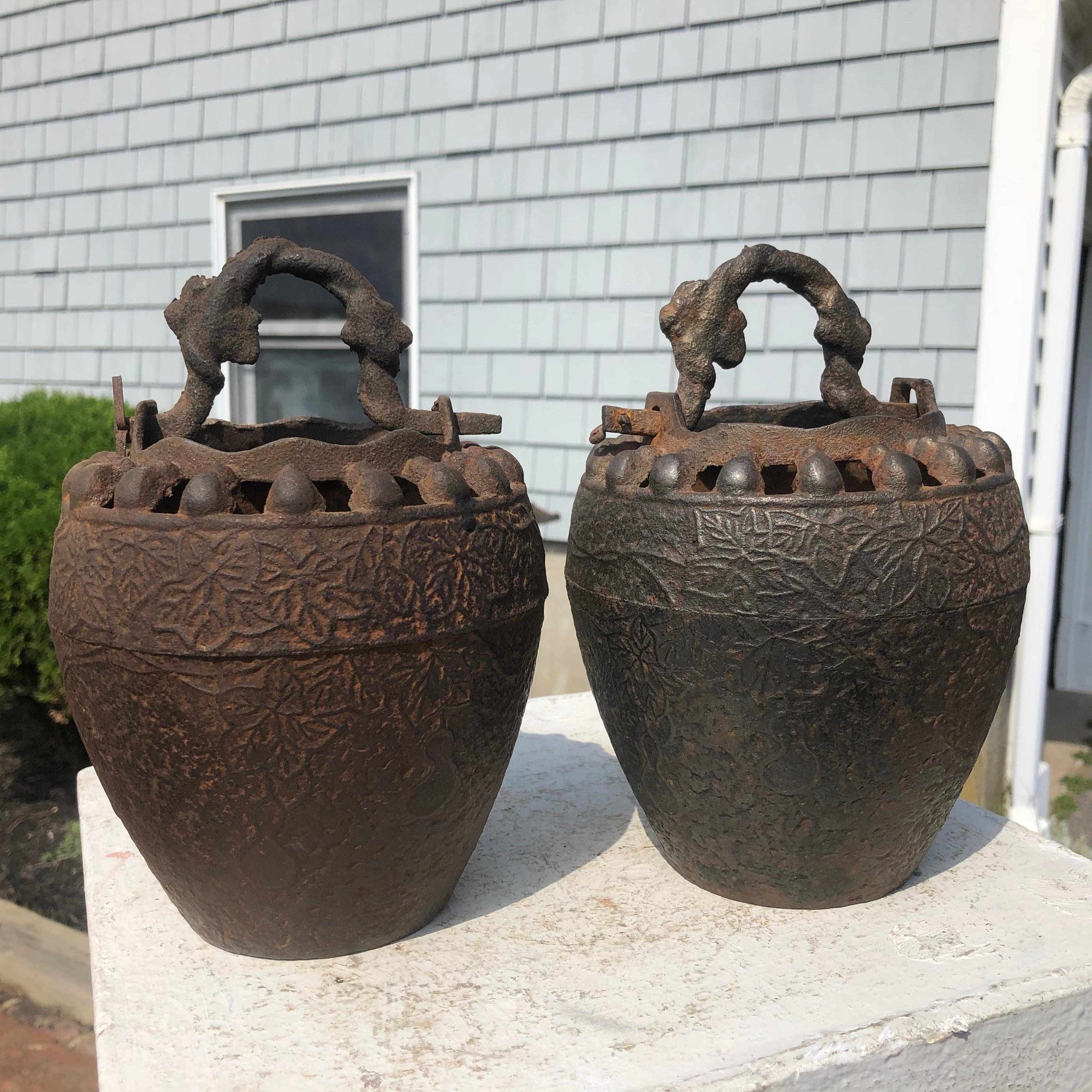Japanese Pair Antique Iron Root Handled Hanging Flower Vases, 19th Century 6