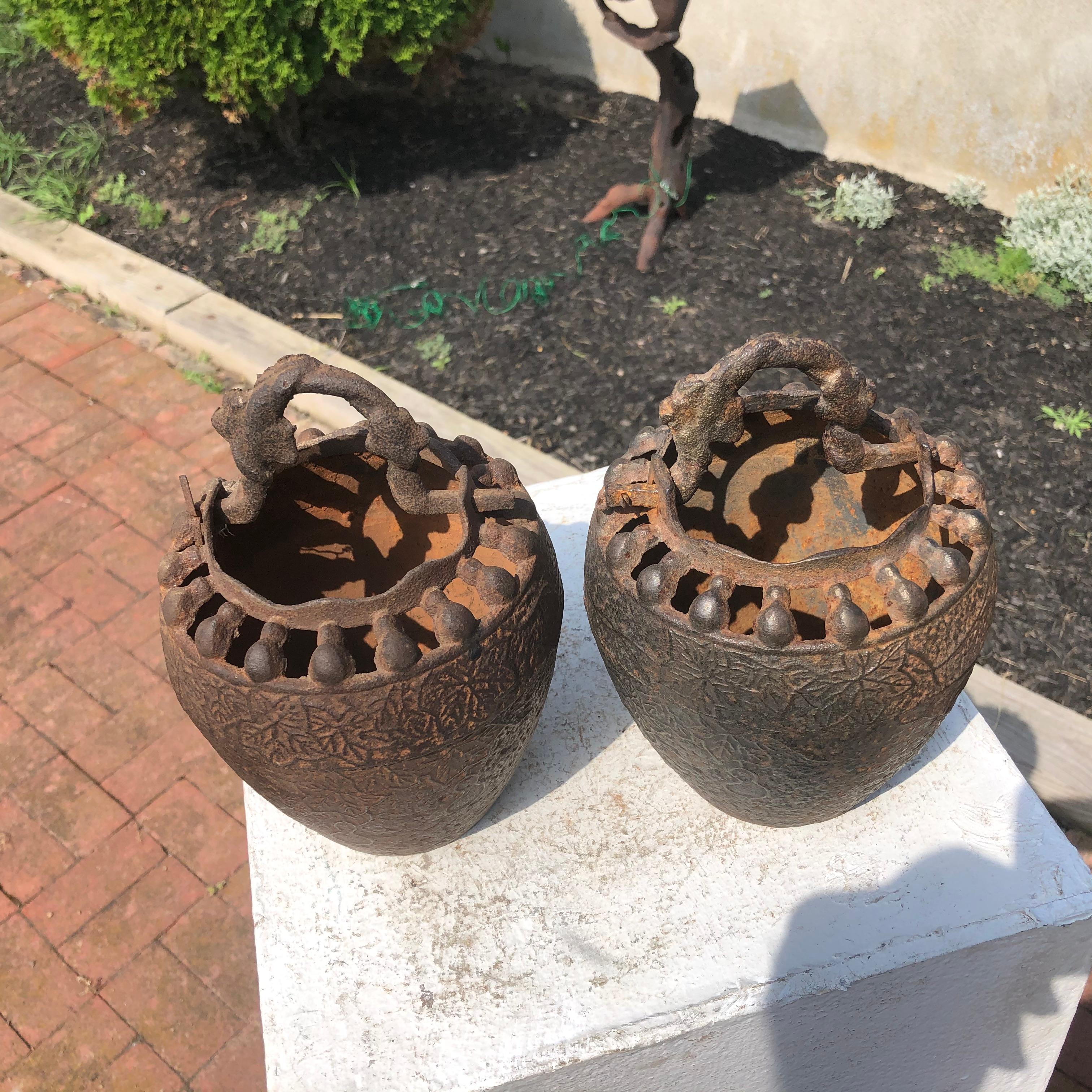 Japanese Pair Antique Iron Root Handled Hanging Flower Vases, 19th Century 8