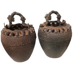 Japanese Pair Antique Iron Root Handled Hanging Flower Vases, 19th Century
