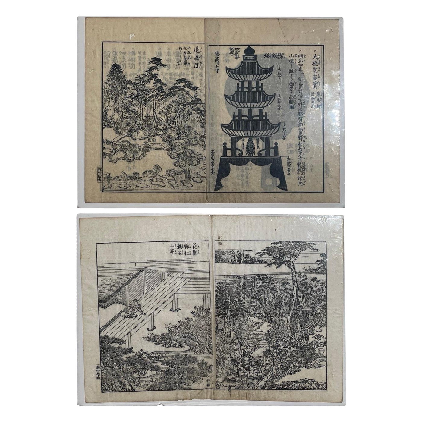 Paire de gravures sur bois anciennes de jardin de Kyoto du 19e siècle, immédiatement encadrables en vente