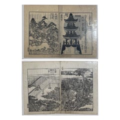 Pareja de xilografías japonesas antiguas del siglo XIX sobre jardines de Kioto, enmarcables inmediatamente