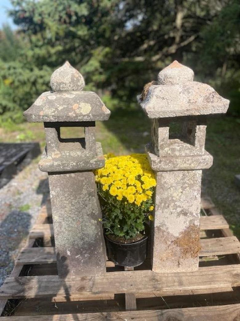 Pareja de faroles japoneses antiguos de piedra para caminos 2