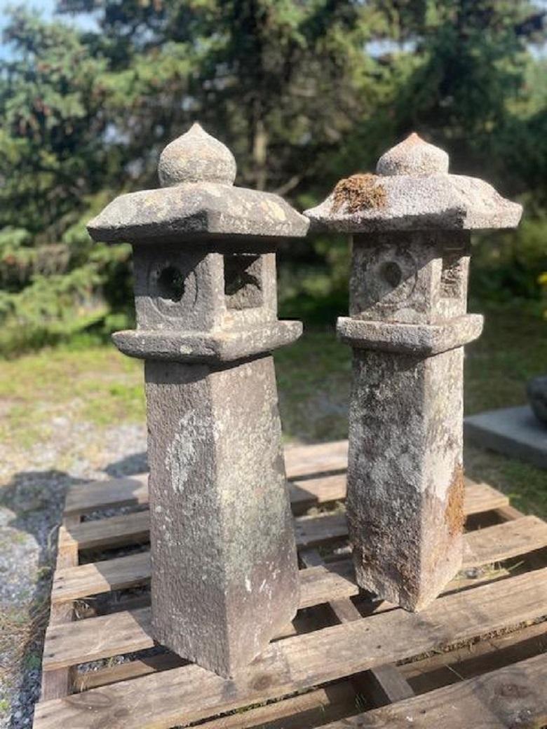 Hand-Carved Japanese Pair Antique Stone Pathway Lanterns