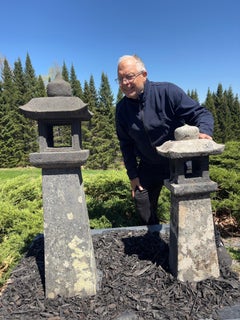 Japanese Pair Antique Stone Sun And Moon Path Lanterns, 34 Inches