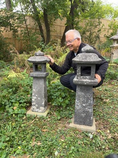 Japanese Pair Antique Stone Sun And Moon Pathway Lanterns, 32 Inches