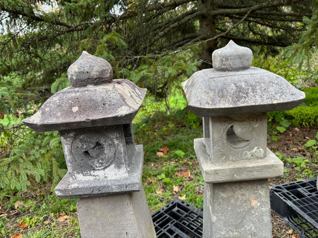 Japanese Pair Antique Stone Sun And Moon Pathway Lanterns, 28 Inches 5