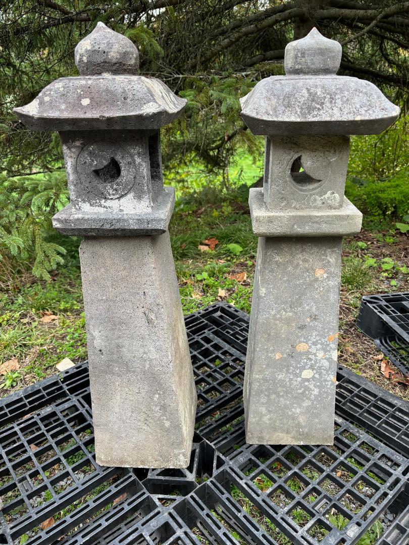 Taisho Japanese Pair Antique Stone Sun And Moon Pathway Lanterns, 28 Inches