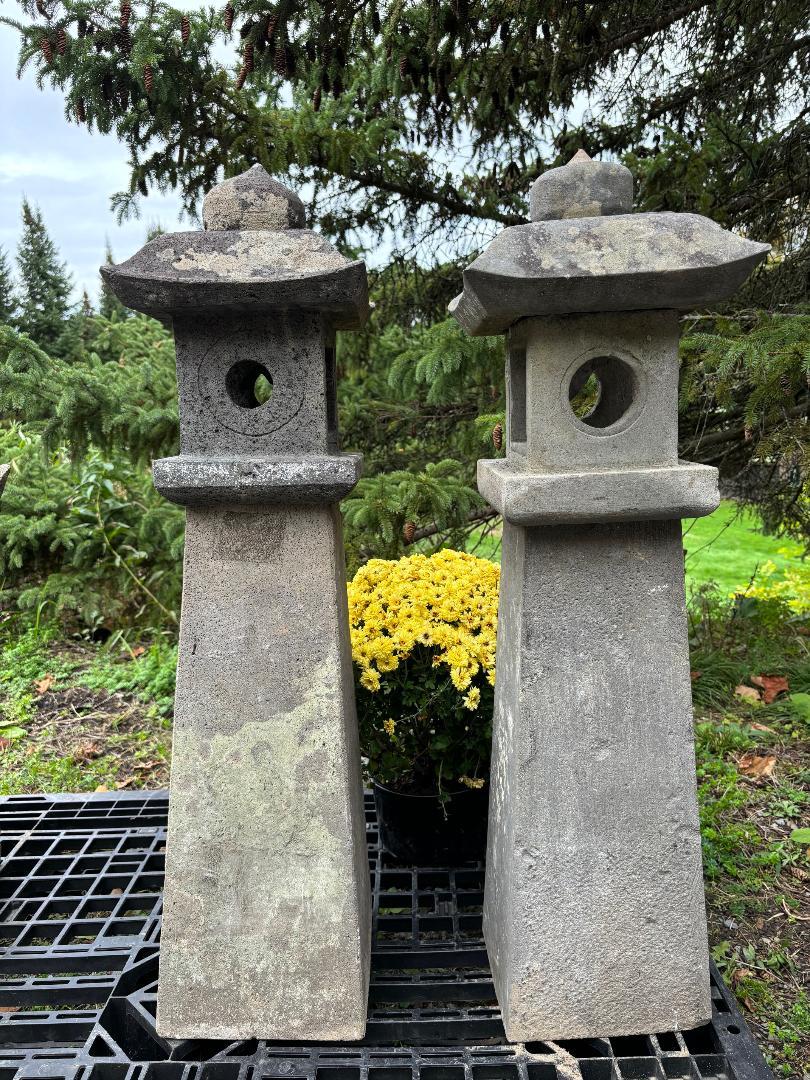Hand-Carved Japanese Pair Antique Stone Sun And Moon Pathway Lanterns, 28 Inches