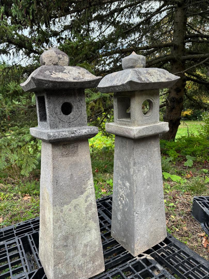 Japanese Pair Antique Stone Sun And Moon Pathway Lanterns, 28 Inches In Good Condition In South Burlington, VT