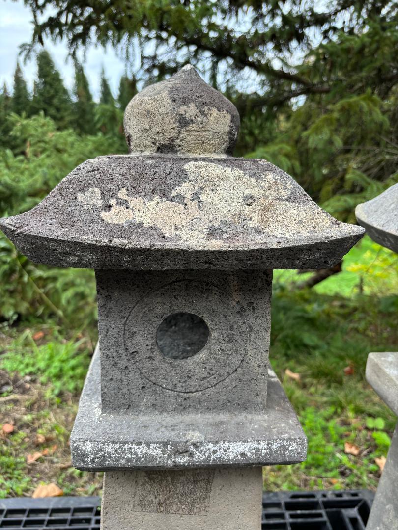 20th Century Japanese Pair Antique Stone Sun And Moon Pathway Lanterns, 28 Inches