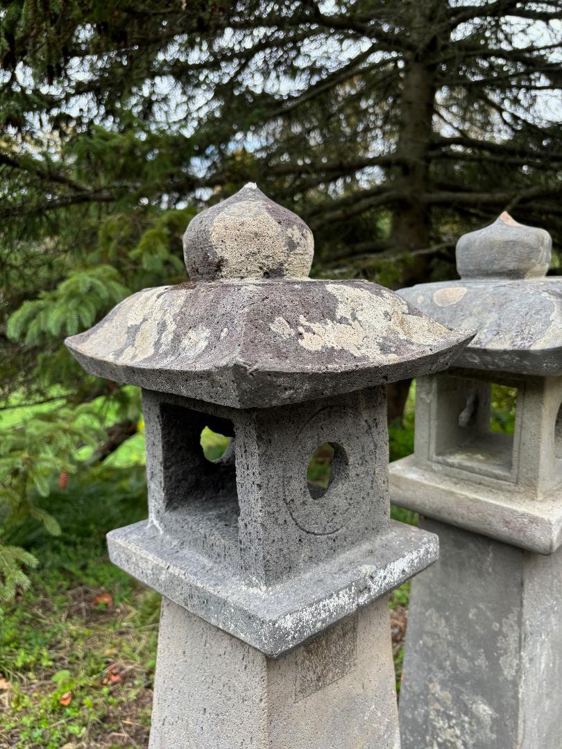 Japanese Pair Antique Stone Sun And Moon Pathway Lanterns, 28 Inches 1