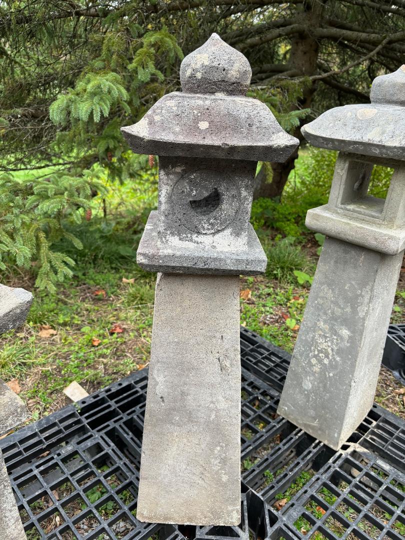 Japanese Pair Antique Stone Sun And Moon Pathway Lanterns, 28 Inches 2