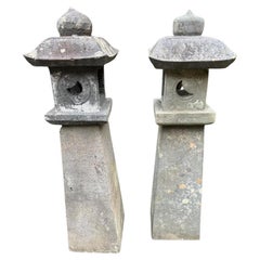 Japanese Pair Antique Stone Sun And Moon Pathway Lanterns, 28 Inches