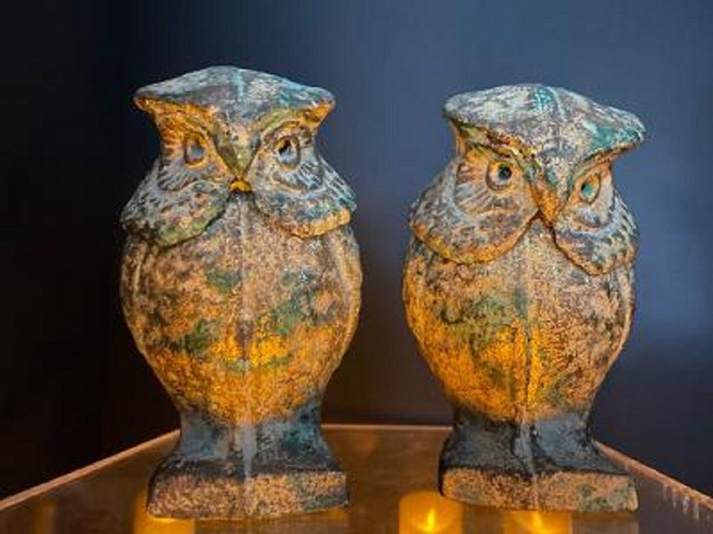 Iron Japanese Pair Antique Tall Gilt Standing Owl Lighting Lanterns