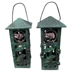 Japanese Pair Art Nouveau "Frog & Orchid" Garden Lanterns