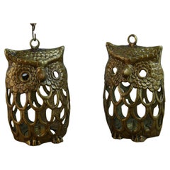 Japanese Pair Bronze Owl Garden Candle Lanterns with Vintage Chain