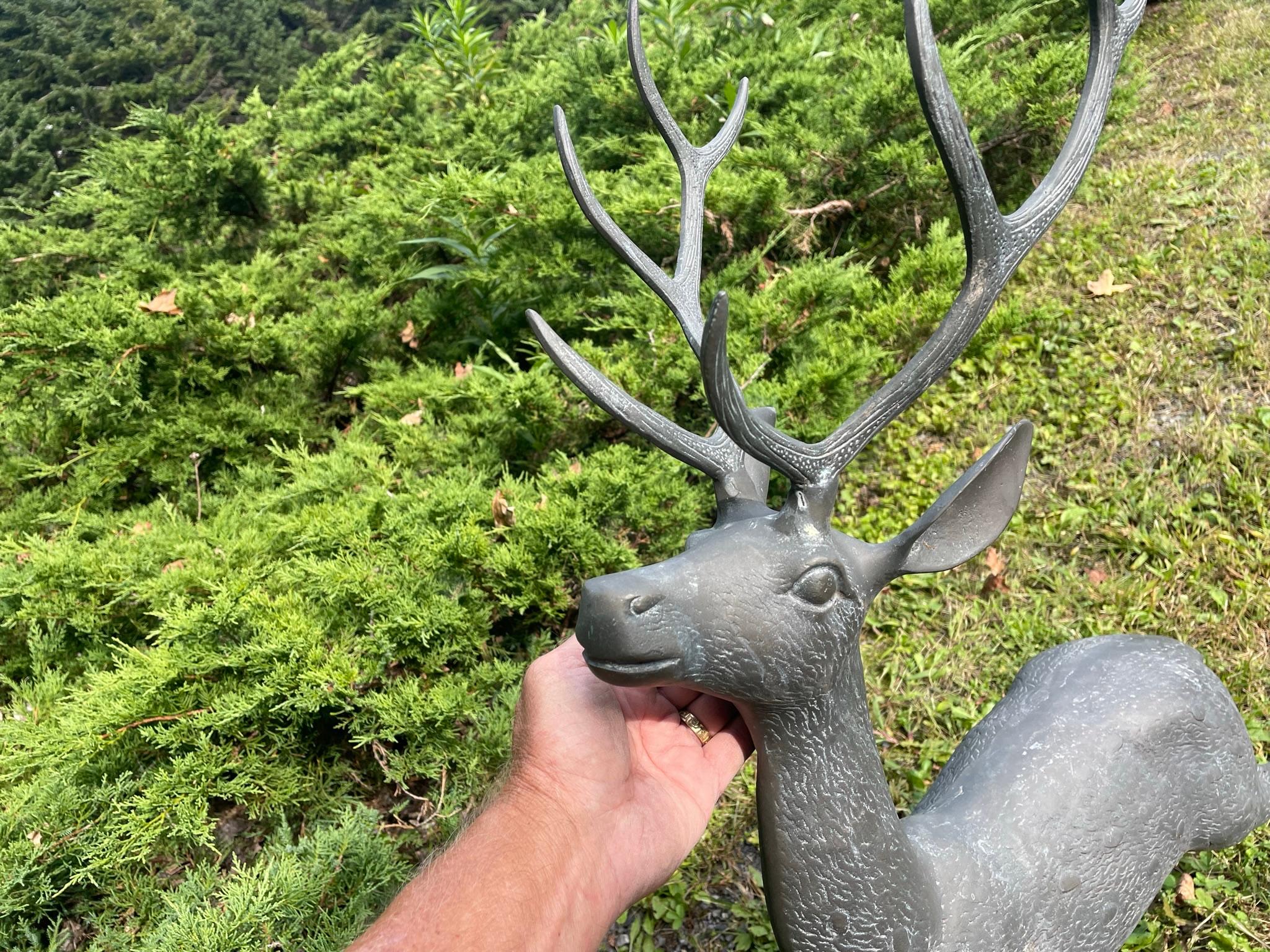  Japanese Pair Fine Bronze Spotted Garden Deer Sculptures For Sale 4