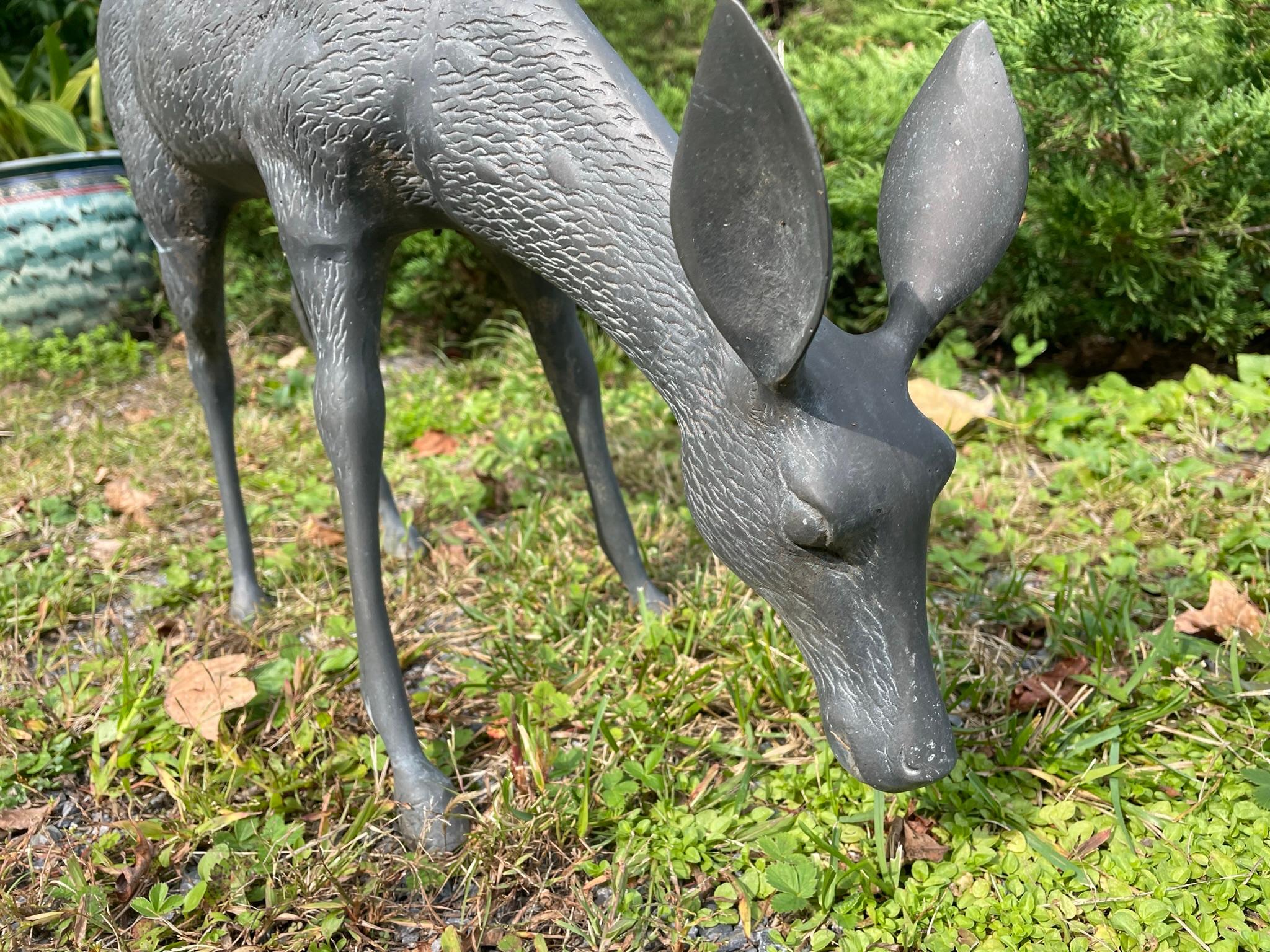  Japanese Pair Fine Bronze Spotted Garden Deer Sculptures For Sale 6