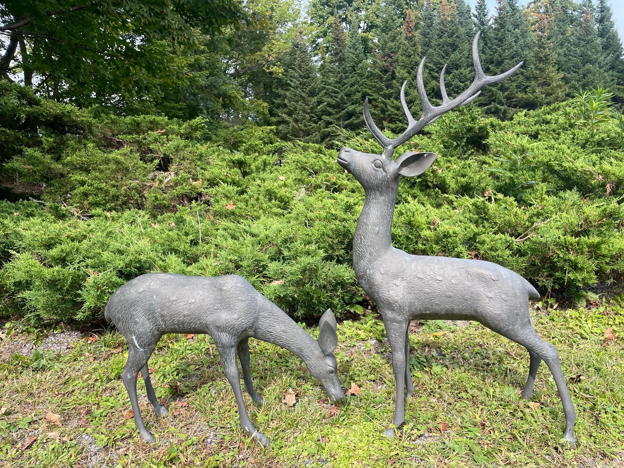 Showa  Japanese Pair Fine Bronze Spotted Garden Deer Sculptures For Sale
