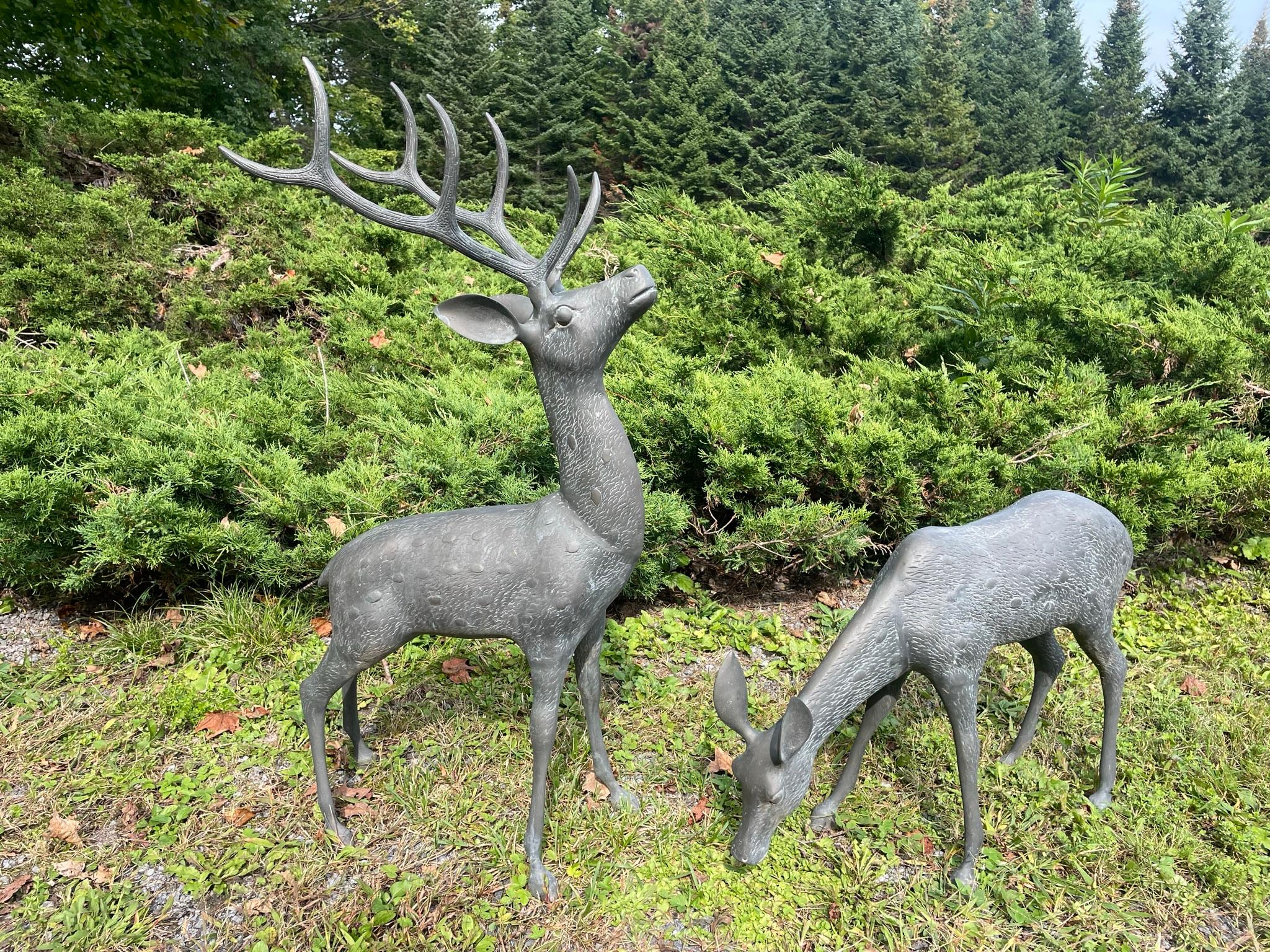 Hand-Crafted  Japanese Pair Fine Bronze Spotted Garden Deer Sculptures For Sale
