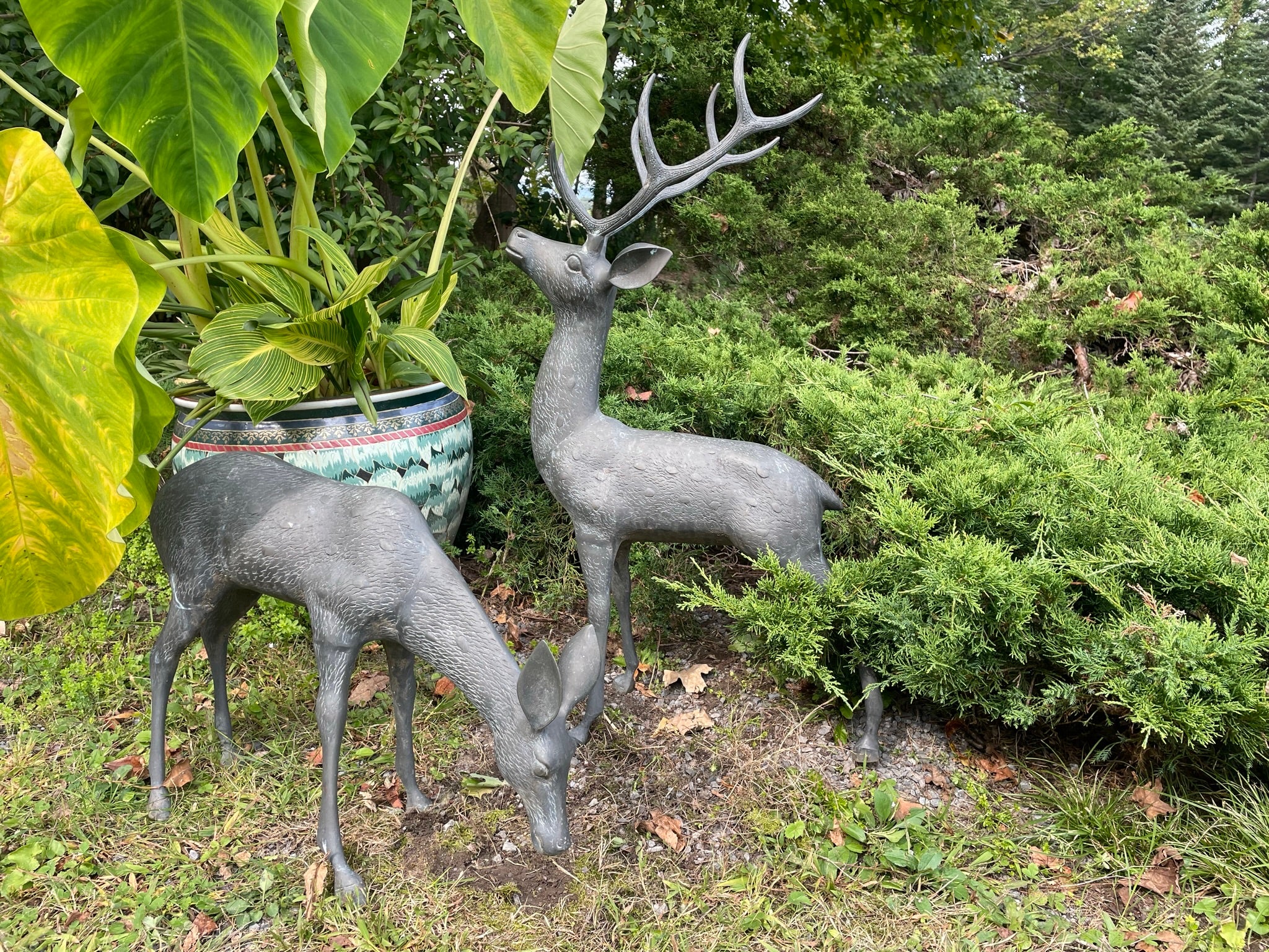  Japanese Pair Fine Bronze Spotted Garden Deer Sculptures In Good Condition For Sale In South Burlington, VT