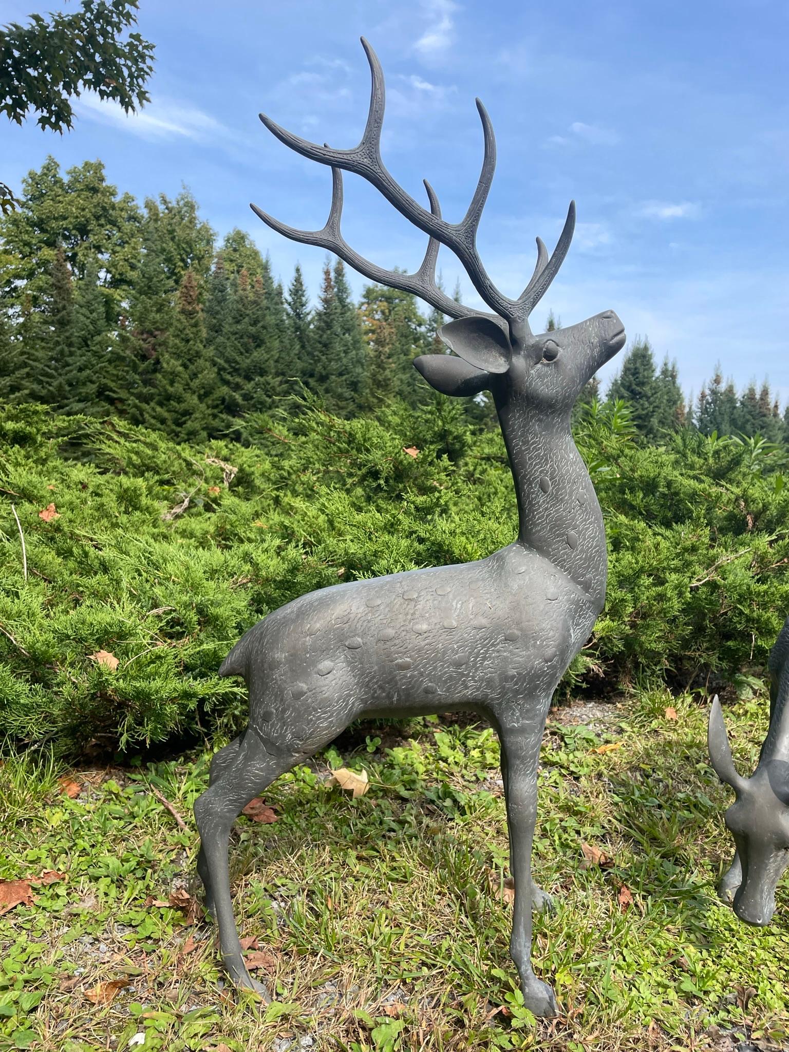 20th Century  Japanese Pair Fine Bronze Spotted Garden Deer Sculptures For Sale