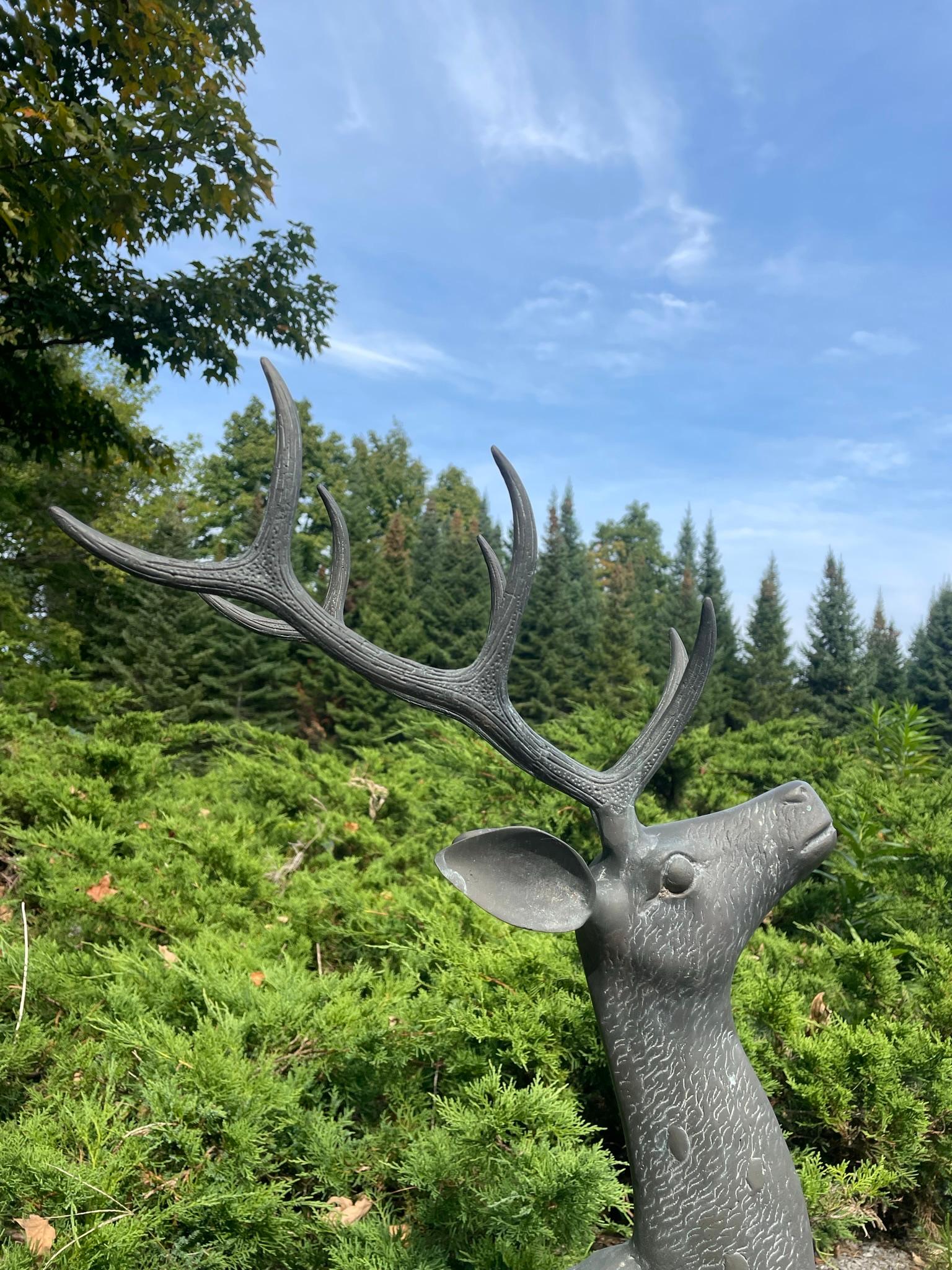 Japanese Pair Fine Bronze Spotted Garden Deer Sculptures For Sale 1