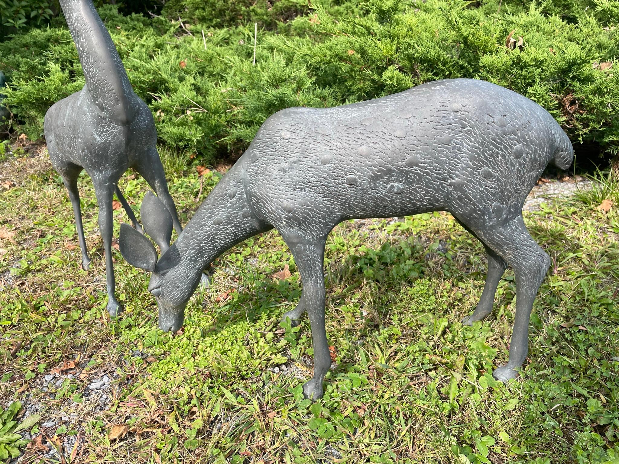  Japanese Pair Fine Bronze Spotted Garden Deer Sculptures For Sale 2