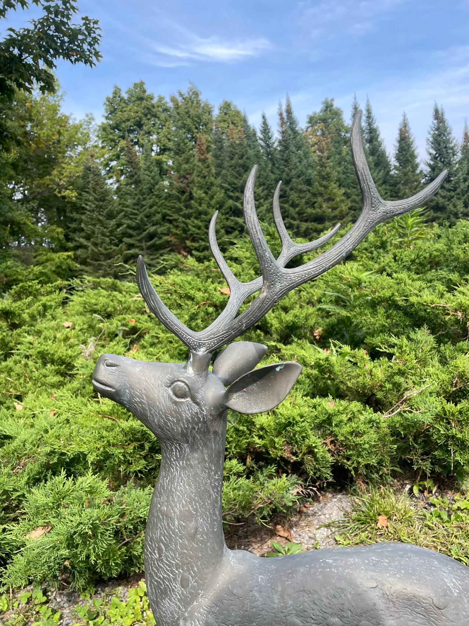  Japanese Pair Fine Bronze Spotted Garden Deer Sculptures For Sale 3