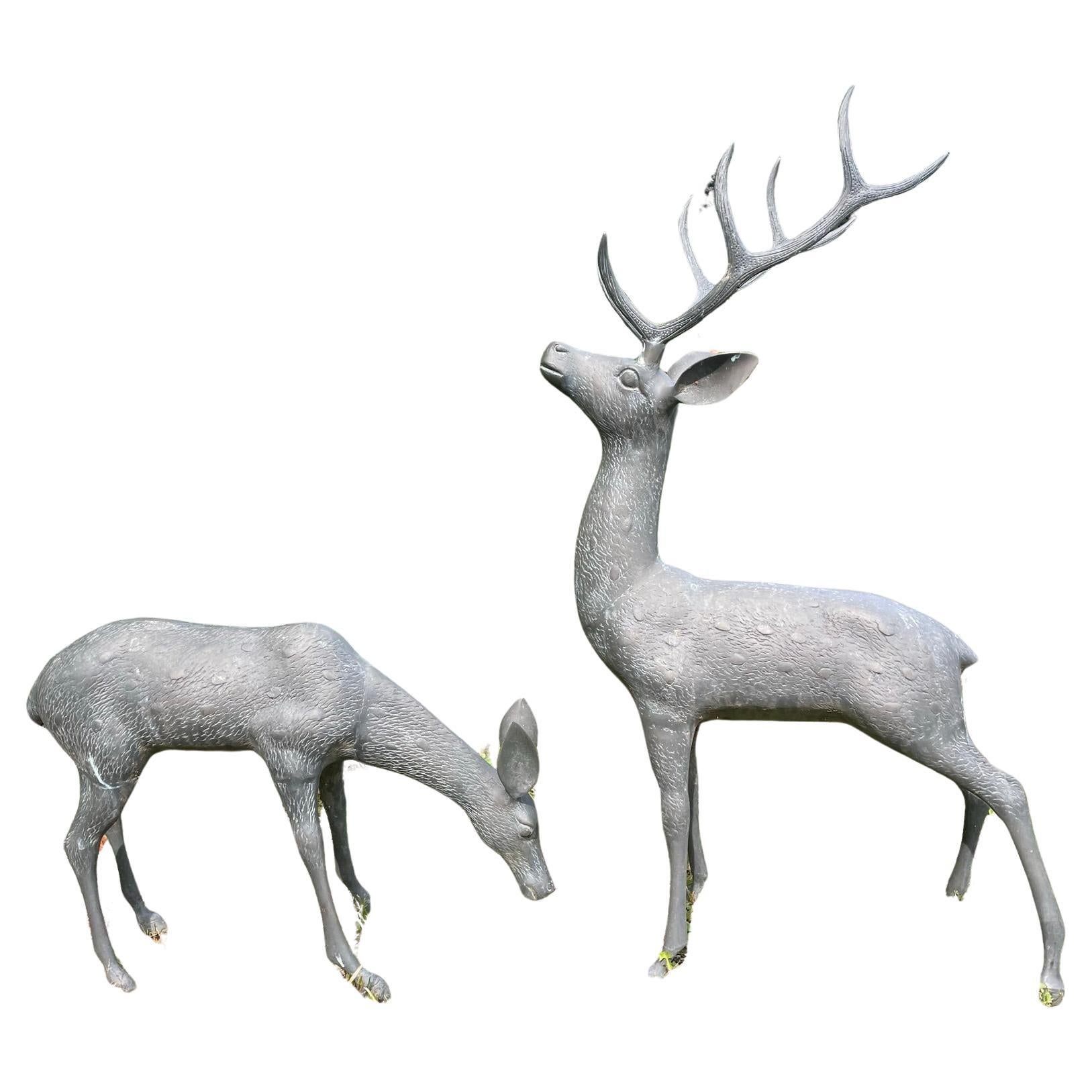  Japanese Pair Fine Bronze Spotted Garden Deer Sculptures For Sale