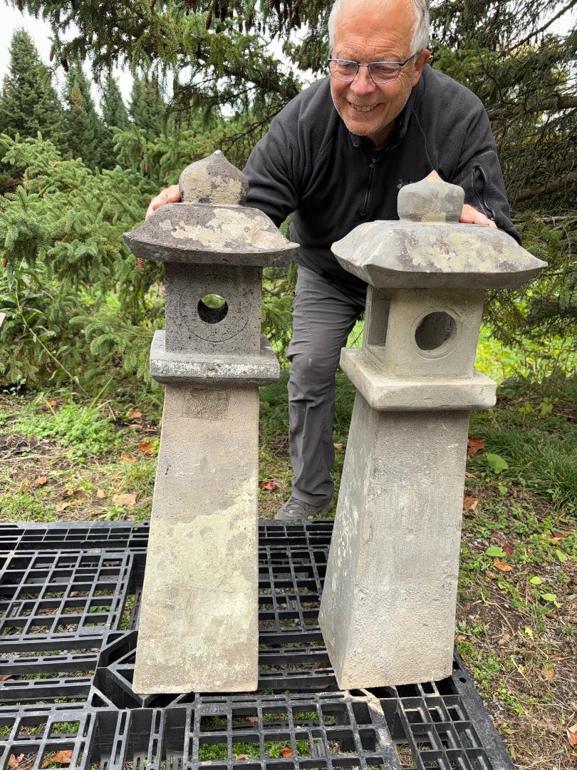 Wouldn't these antique garden stone lanterns look perfect for your garden entry or pathway, pool, patio, or deck ?

Attractive antique petite stone lanterns in a Japanese Arts & Crafts style 

Japan, a fine pair (2) of pathway stone lanterns with