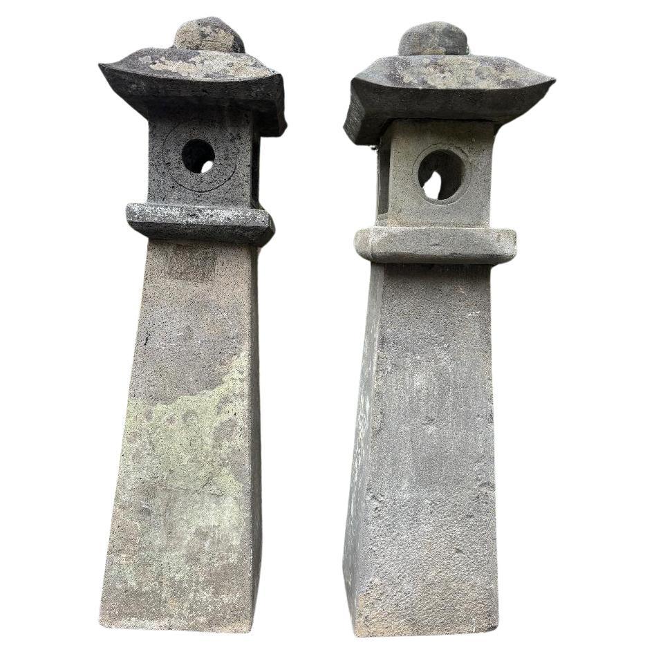 Japanese Pair Fine Tall Antique Stone Pathway Lanterns 