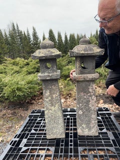 Japanese Pair Fine Tall Antique Stone Sun And Moon  Pathway Lanterns