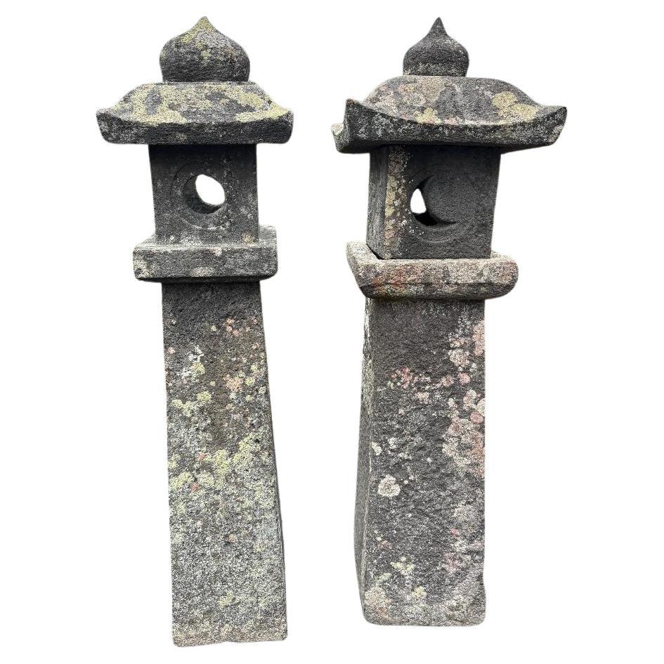 Japanese Pair Fine Tall Antique Stone Sun And Moon  Pathway Lanterns 