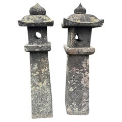 Japanese Pair Fine Tall Used Stone Sun And Moon  Pathway Lanterns 