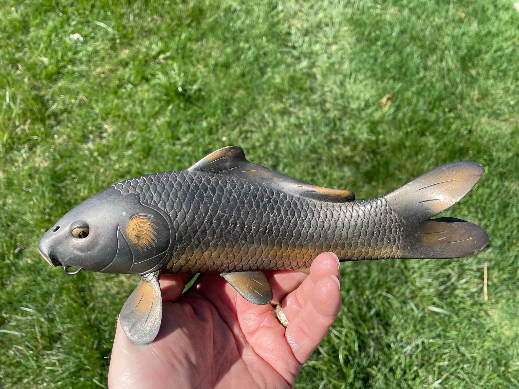 Japanese Pair Finely Cast Bronze Koi, Signed 9