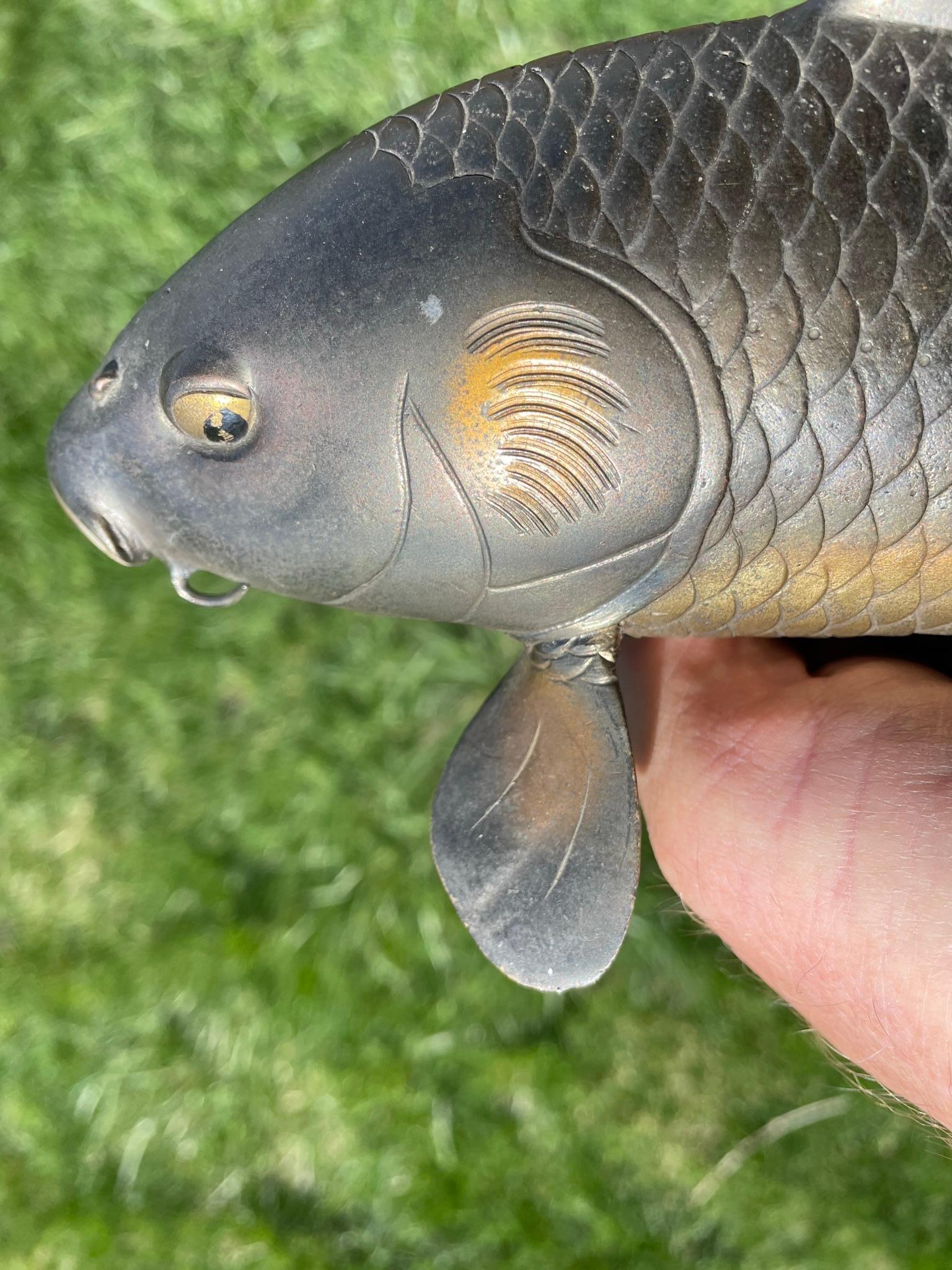 Japanese Pair Finely Cast Bronze Koi, Signed 10